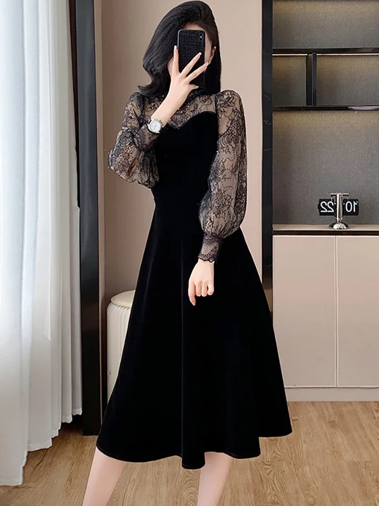 2024 Black Velvet Patchwork Lace Sheer Sexy Long Dress Women Elegant Ruffled Luxury Dress Autumn Winter Korean Vintage Vestidos