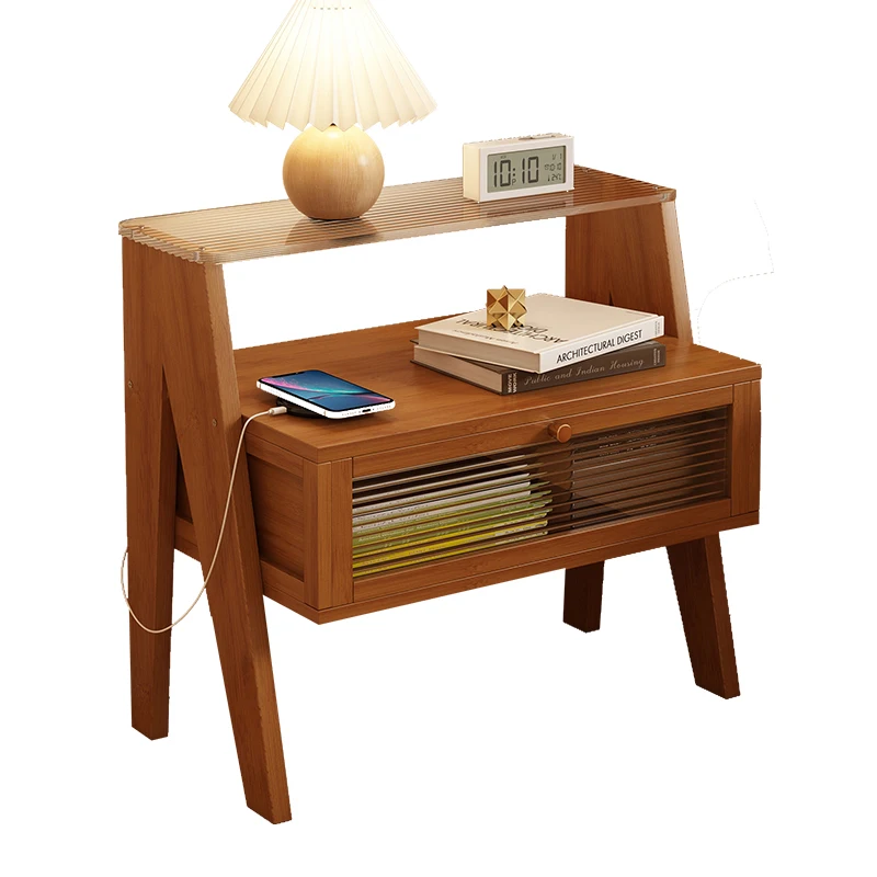‌Luxury Bamboo Bedside Cabinet Modern Compact Nightstand with Storage Shelf Eco-Friendly Small Space Solution for Bedroom