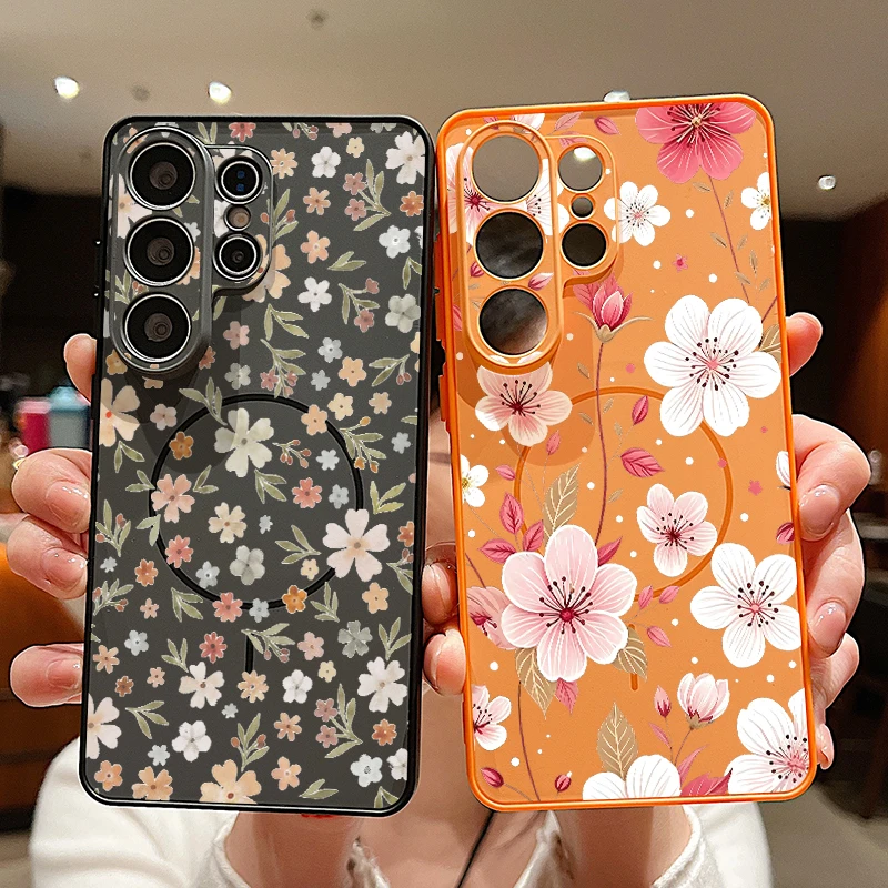 Retro Flowers Pattern Magnetic Phone Case For Samsung Galaxy S26 S25 S24 S23 Ultra S25 FE A57 A37 A17 A56 A16 A55 A36 A55 Cover
