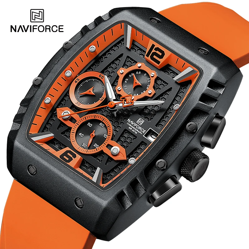 

NAVIFORCE Fumed Silica Strap Waterproof Quartz Chronograph Date Display Male Wrist Watch Creative Barrel-Shaped Dial Men‘s Watch