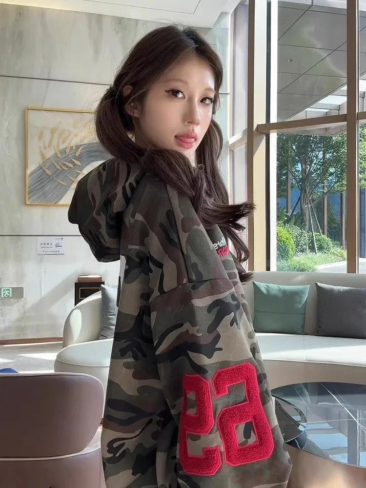 

American High Street Camouflage Letter Embroidered Hooded Sweater Women's Spring And Autumn New Loose High-end Cardigan Jacket