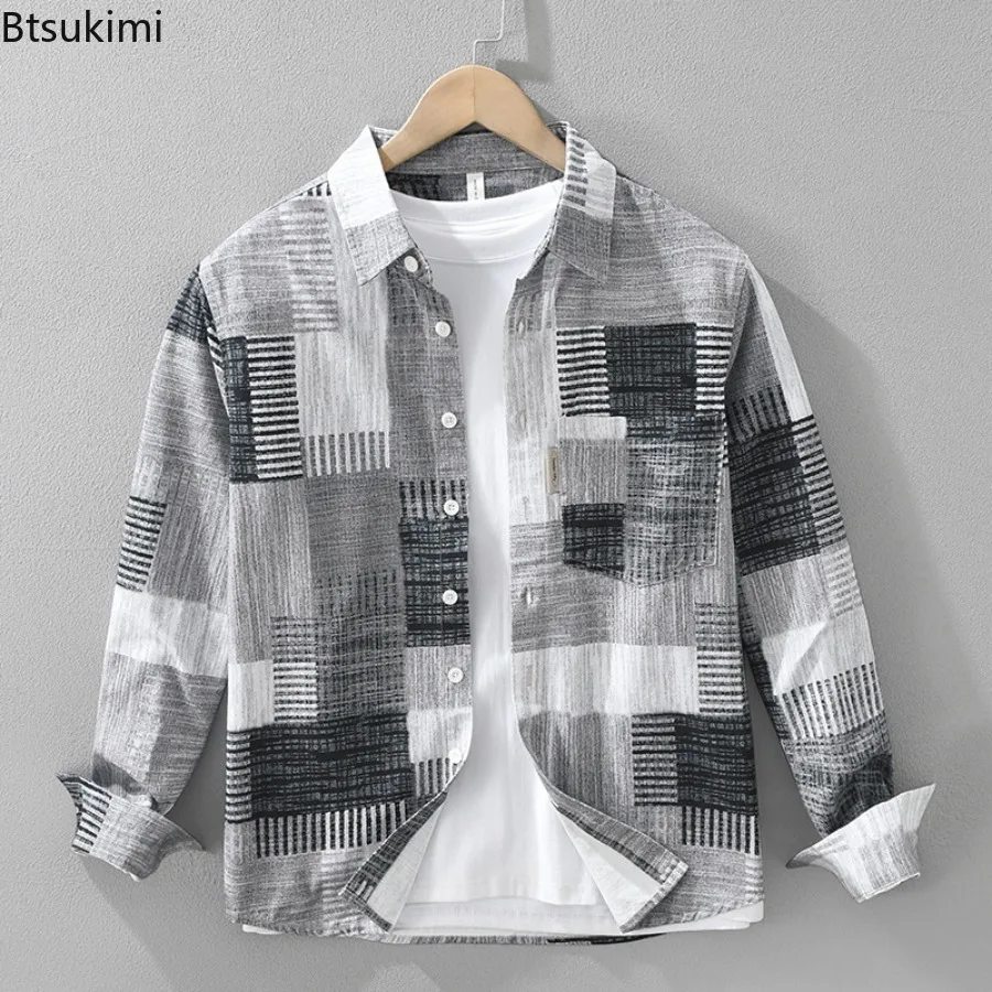 Men's 100% Cotton Casual Shirt Japan Style Good Quality Vintage Printing Long Sleeve Loose Casual Lapel Blouse Versatile Tops