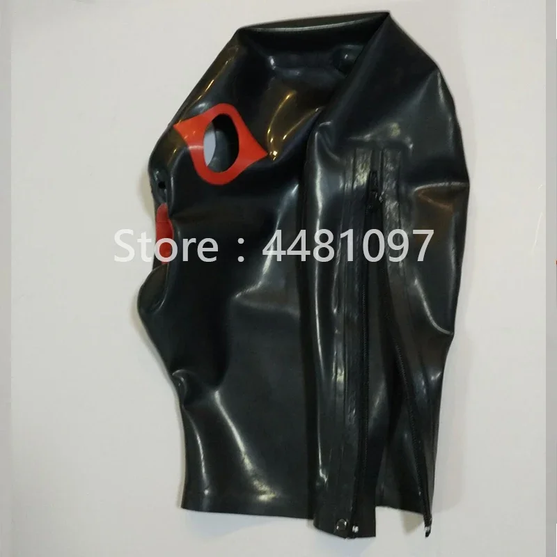 

Latex Mask Fetish Unisex Rubber Hood Mask with Red Mouth Sheath Tongue