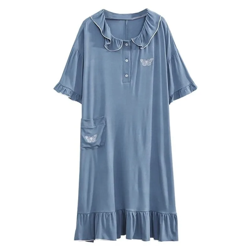 150kg Extra Large Size Loose Home Dress with Pocket Princess Style Maxi Nightdress Summer Short Sleeve Maternity Loungewear 4XL