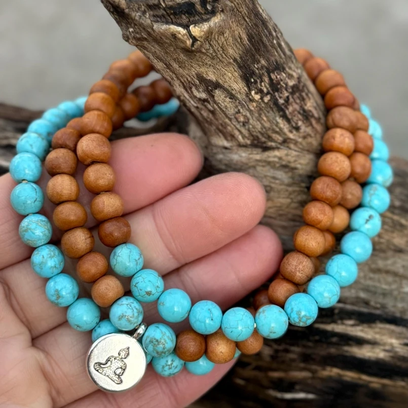 

Sandalwood Turquoise Gemstone 108 Mantra Mala Beads Necklace OM Charm Yoga Gift Women Men Boho Jewelry