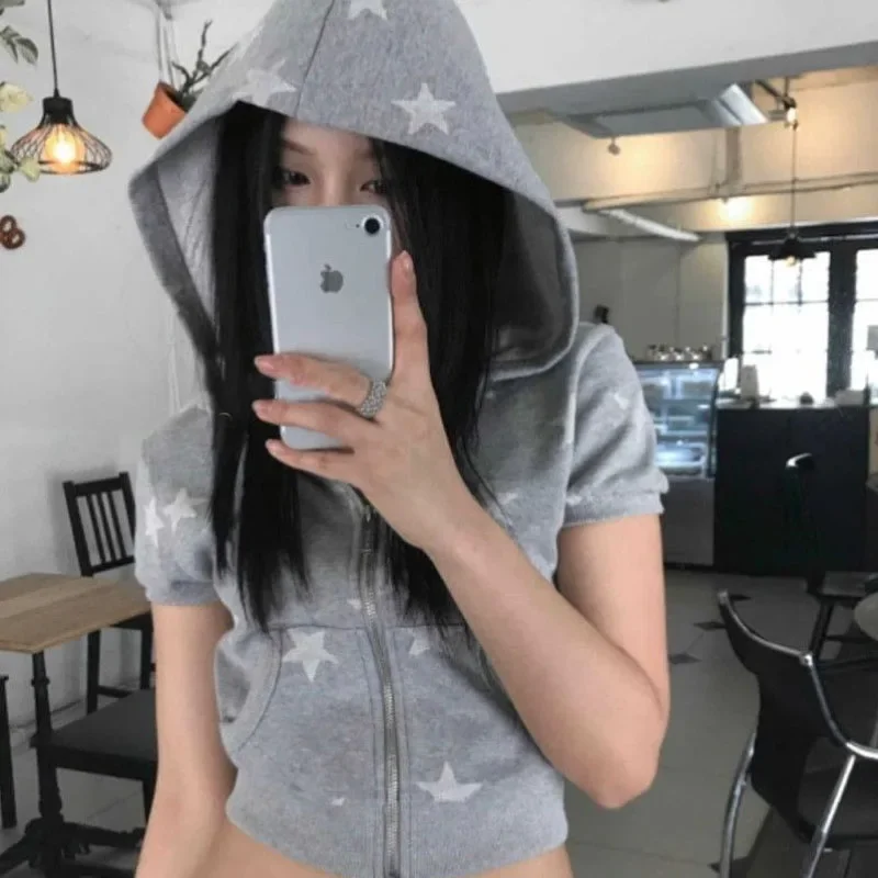 

Винтажные толстовки с принтом звезд Y2k, женские укороченные толстовки в стиле Харадзюку с короткими рукавами Gyaru, летний кардиган на молнии в стиле хоп, уличный кардиган