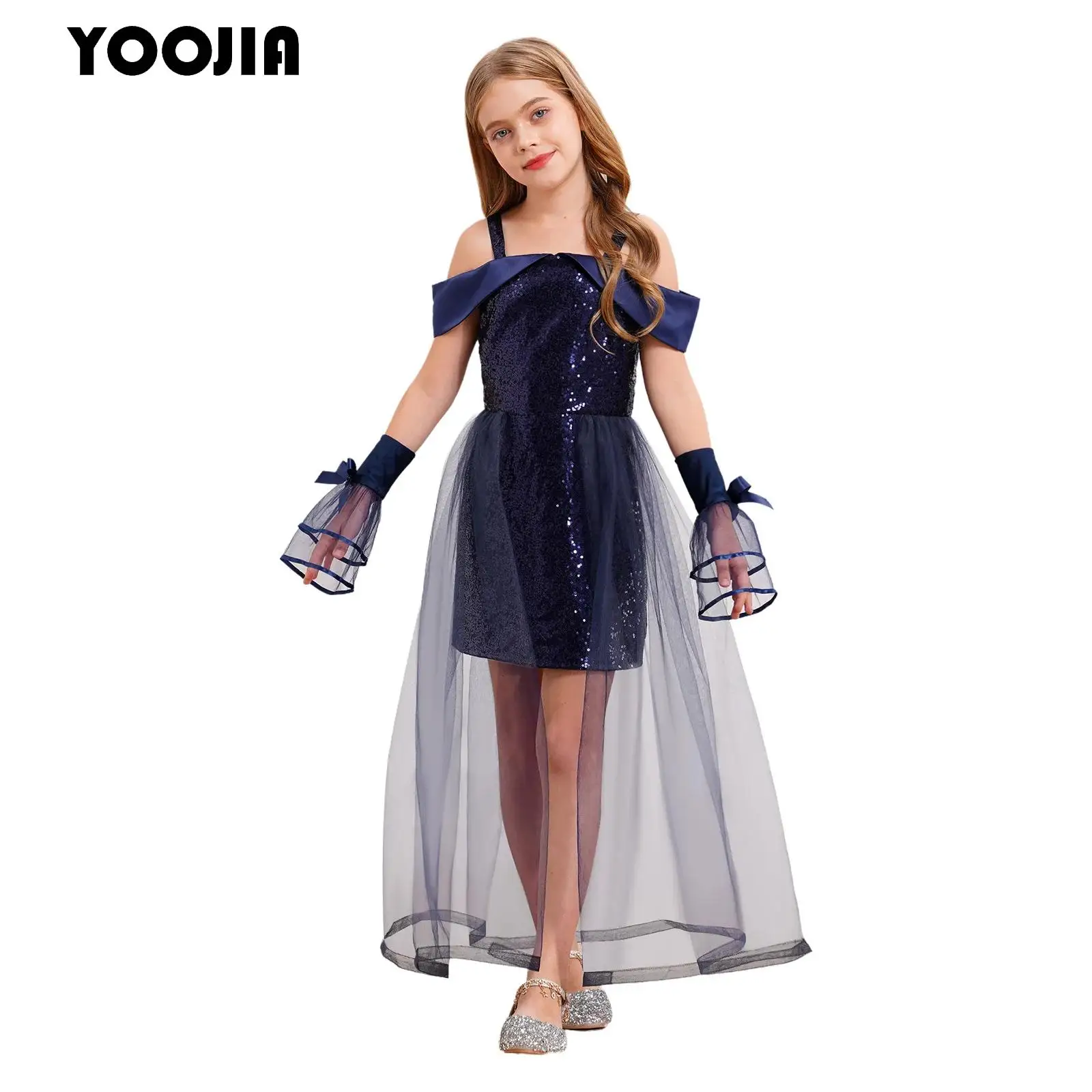 

Shiny Flower Girls Birthday Tulle Dress Sequins Sleeveless Wedding Party Princess Dress with Arm Sleeves Set Chic Evening Gown