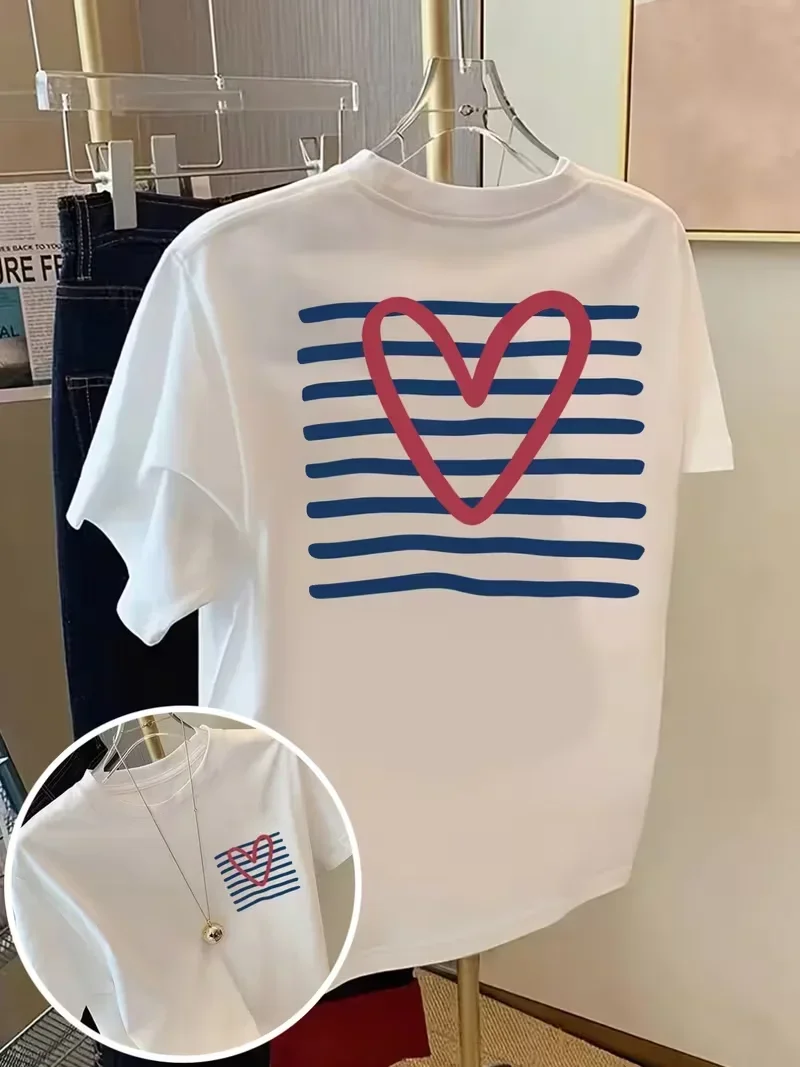 Women's Heart Checkerboard Striped Print T-Shirt Casual Loose Fit Crew Neck Short Sleeve Top for Spring Summer Streetwear
