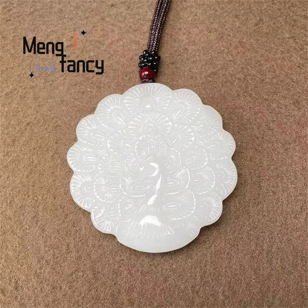 Natural Hetian Jasper White Jade Peacock Open Screen Pendant Exquisite Fashion Jewelry High-grade Luxury Handicraft Holiday Gift