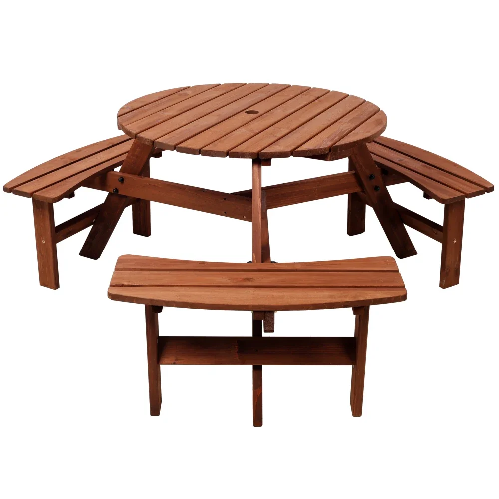 

Wooden Picnic Table with 3 Built-in Benches, 6 Person Minis Picnic Table, with Umbrella Hole, Camping Dining Table for Garden