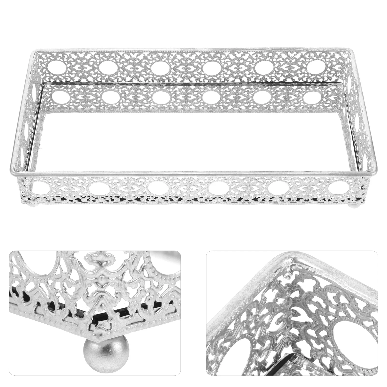 

Metal Hollow Cutout Mirror Tray Vintage Perfume Organizer Vanity Jewelry Decorative Makeup Tray Bathroom Display