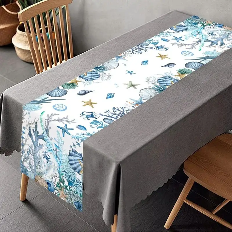 VIKAMA Holiday Party Table Runner Ocean Starfish Shell Coral Blue Theme Kitchen Dining Decor
