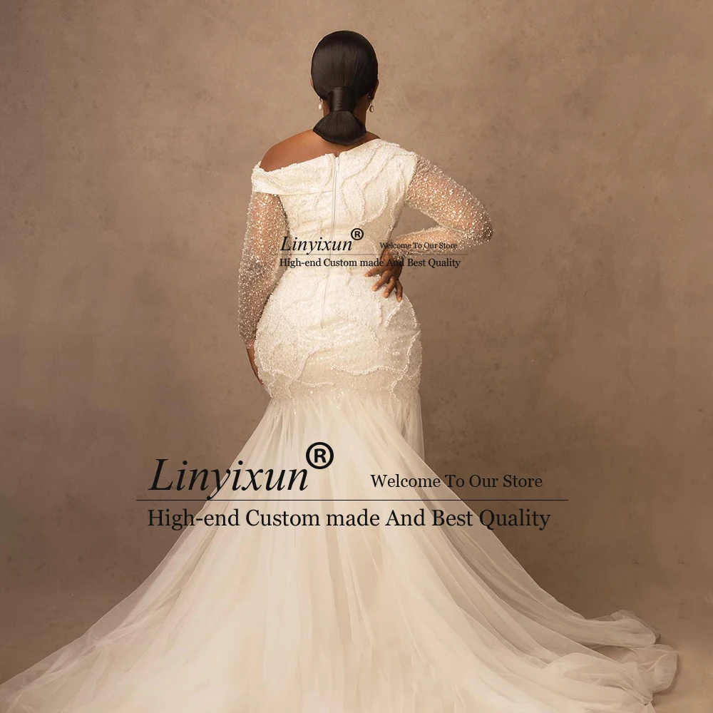 Romantische Parels Trouwjurken 2025, Lange Mouwen Fonkelende Zeemeermin Bruidsjurken Aangepaste hochzeitkleider damen Vrouw Jurk
