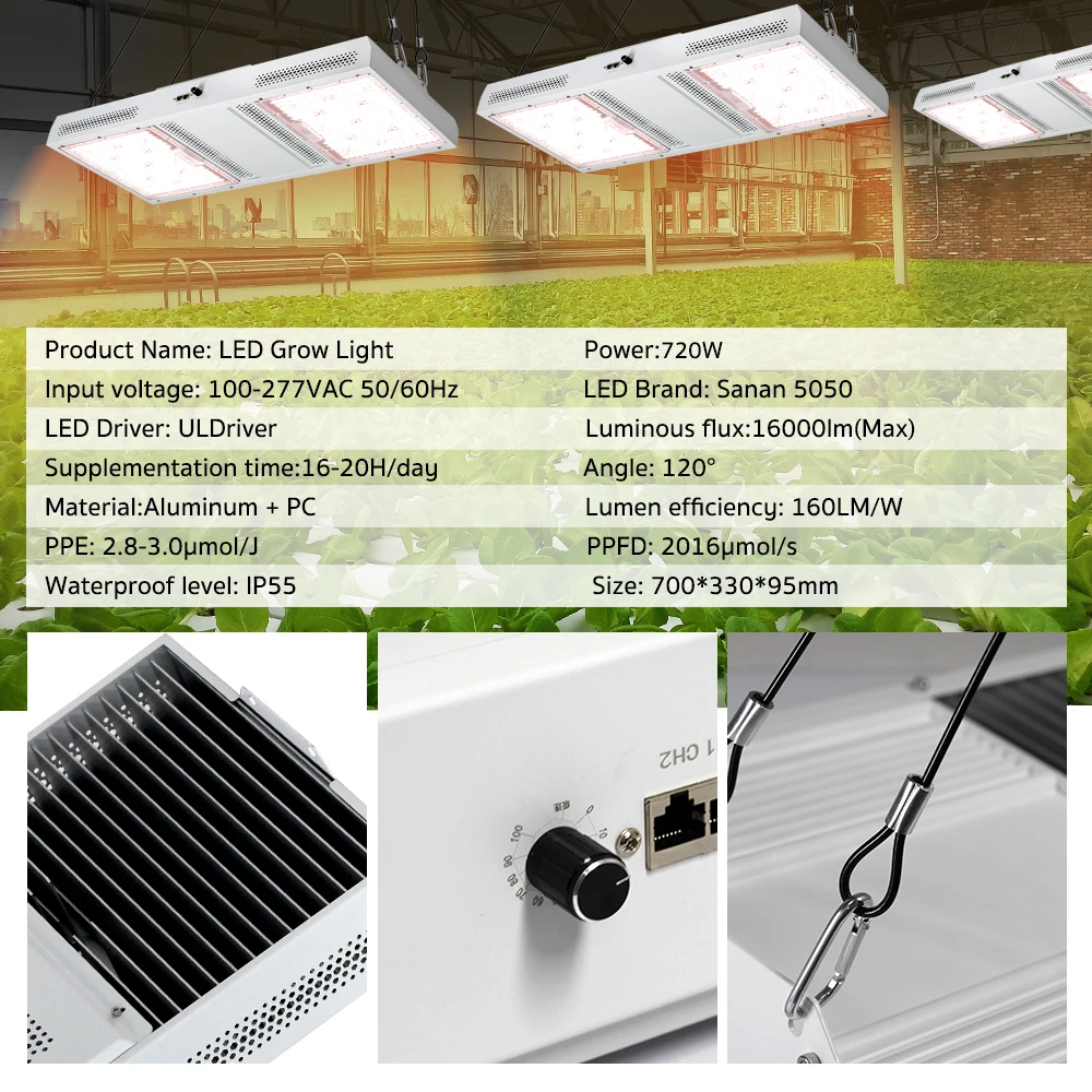 LED Grow Lights para Estufa, Luzes reguláveis para plantas, Chips LED, Branco, 5050, 5050, 720W, AC100-277V, 5000K