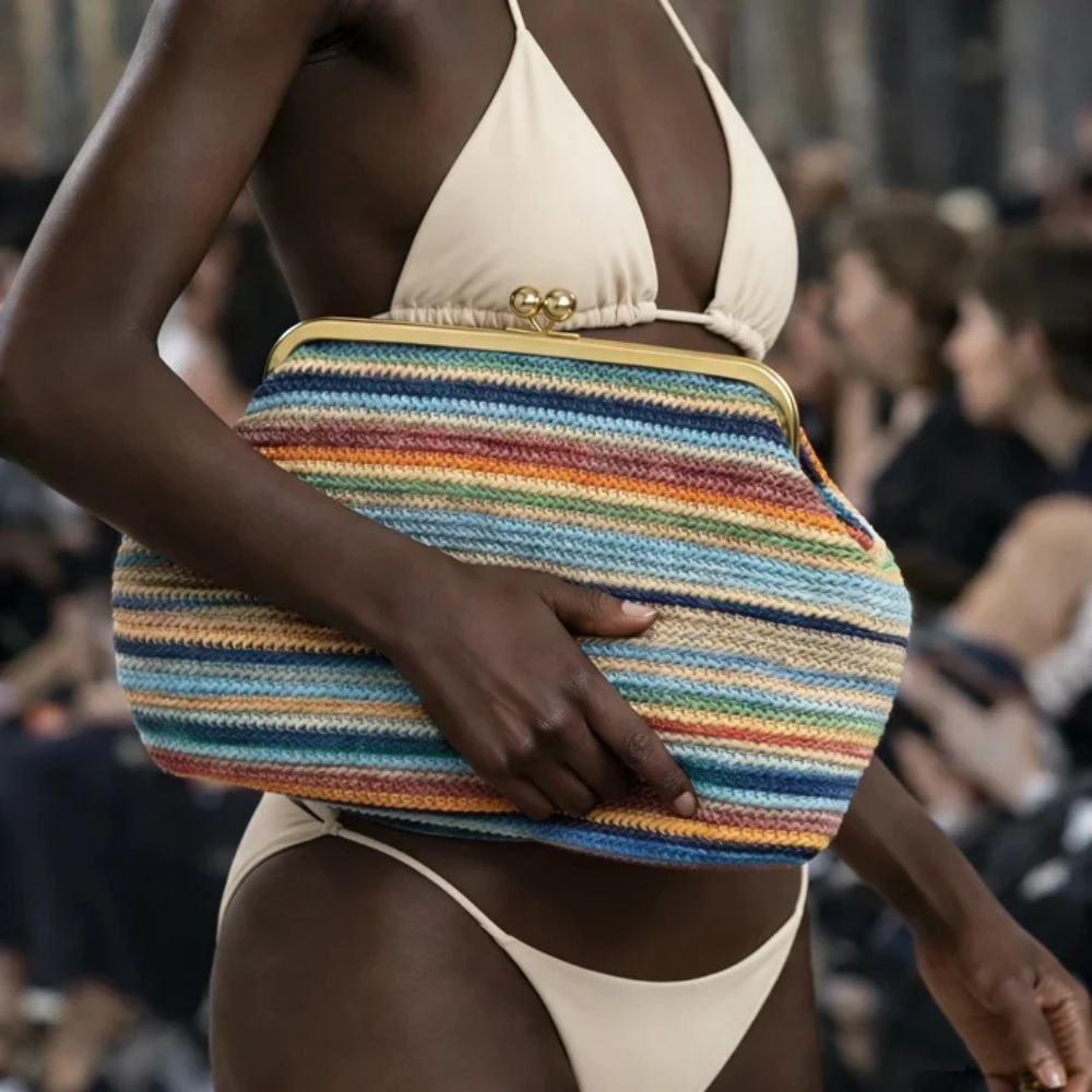 

Летняя женская сумка из плетеной соломки с радужным узором, большая вместительная сумка на застежке, полосатая пляжная сумка, модная сумка для вечеринок, женская сумка