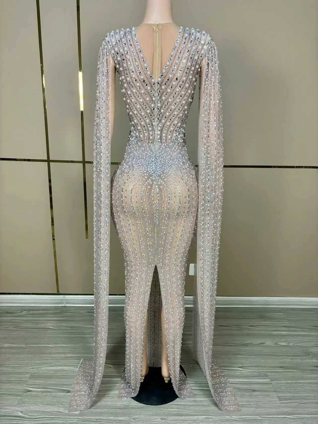 Sexy Luxury Rhinestone See Through Back Slit Sheath Dress Birthday Evening Party Performance Nightclub Singer Photoshoot Dress