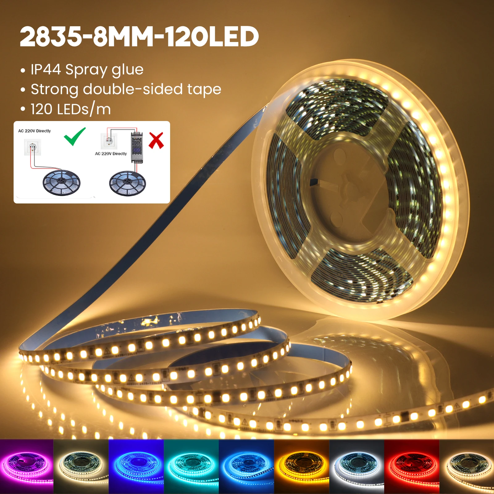 

220V Adhesive LED Strip 5m 10m 20m 50m IP44 Waterproof 120LEDs/m Flexible Tape with 2Pin Wire Kitchen Under Cabinet LED Light