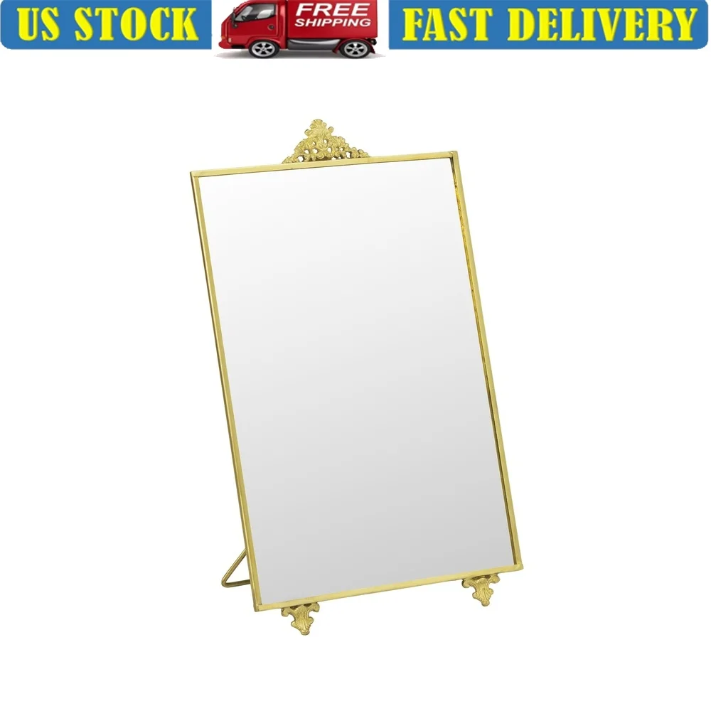 

Золотое прямоугольное отдельно стоящее косметическое зеркало 7x11 дюймов, элегантный дизайн прокрутки, металлический каркас ручной работы, винтажный декор для ванной комнаты