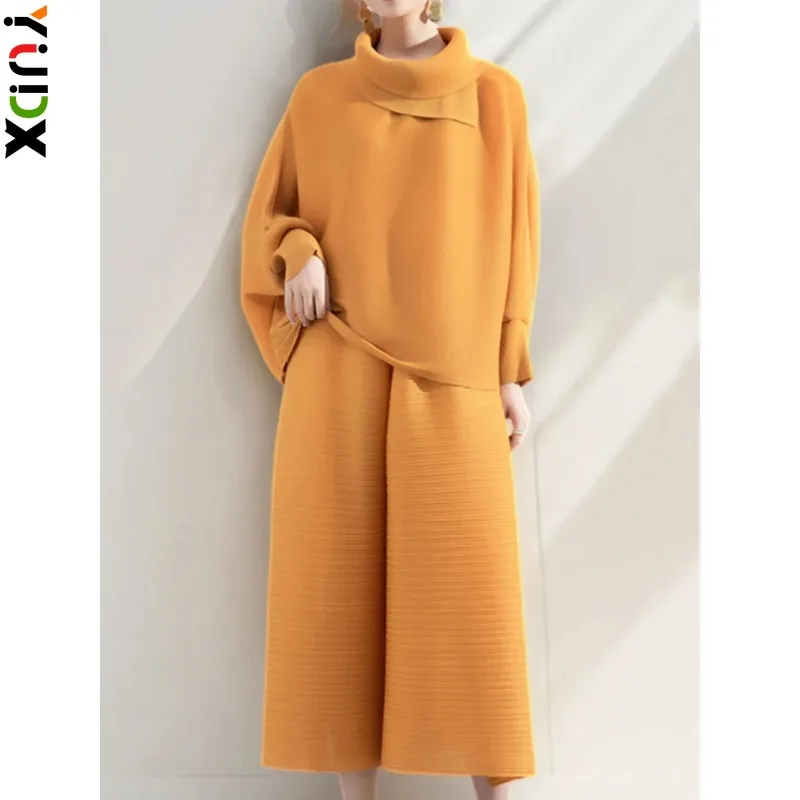 

YUDX Miyake Pleated Fashion Loose 2 Pieces Set Laprl Full Batwing Sleeve Loose Top + Wide Leg Trousers Solid Color New 2024