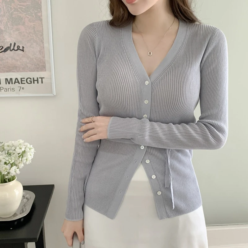 Dongda Gate Autunno Inverno V-ne Slim Fit Lungo Sve Cardigan aperto lavorato a maglia T-shirt da donna morbida e leggera coreana Sle