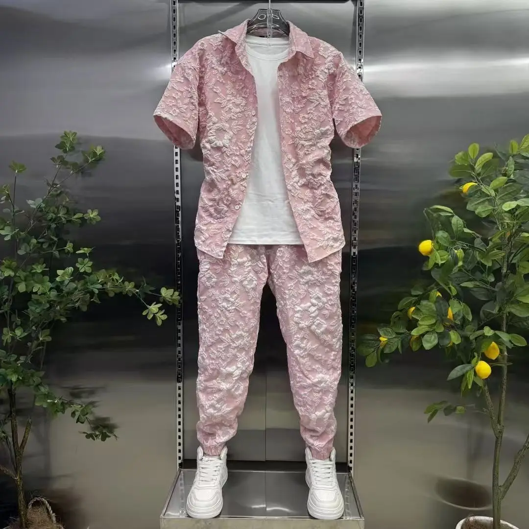 Summer Shirts+Pants Men Sets New Men Casual Print Shirt Two Piece Mens Sportswe…