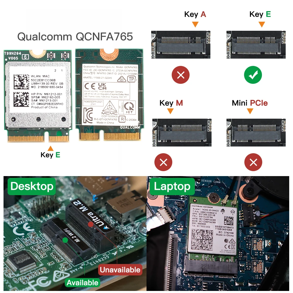 Qualcomm-Adaptateur sans fil QCNFA765, carte réseau M.2, Leicband 2.4/5/6 mesurz, Bluetooth 5.2, NFA765, WiFi 6E