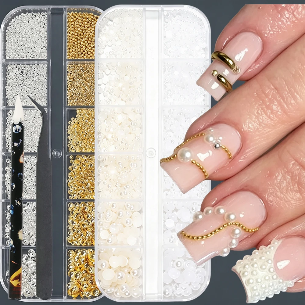 2Boxes Nail Jewelry Decorations With Tools Multi‑size 3D White Pearls&Gold Silver Metal Caviar Beads Nail Rhinestones Nail Decor