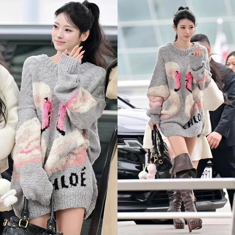 

Sweet Long Knitted Sweater Exjr Tanaka Eiko Autumn Winter Lazy Style Firebird Embroidery Overhead Casual Loose Fit Cotton Blend