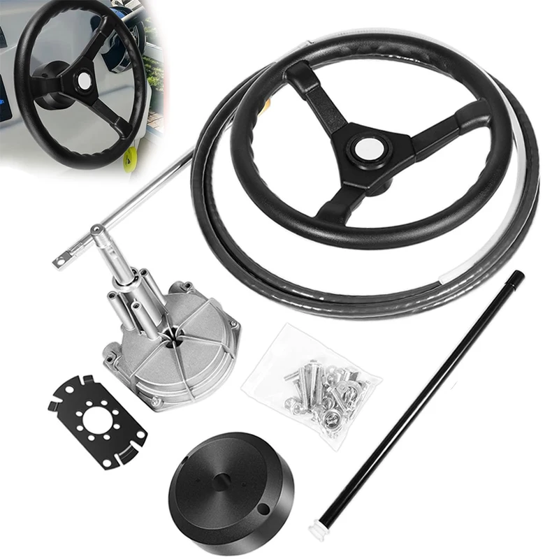 

Marine Outboard Rotary Steering System Kit with 15 Feet Steering Control Cable and 13.5" Steering Wheel for Yachts Fishing Boats