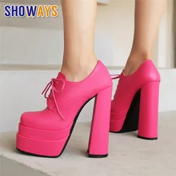 Spring Fall Women Platform Pumps Rosy Black Microfiber High Chunky Heels Derby Party Dress Lady Retro Lace-up Square Toe Brogues