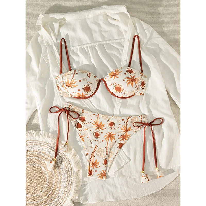 

2025 New Swimwear Coconut Tree Print Split Swimsuit Sexy Lace Up Bikini Beach Hot Spring Micro Bikini Bathing Suit Women