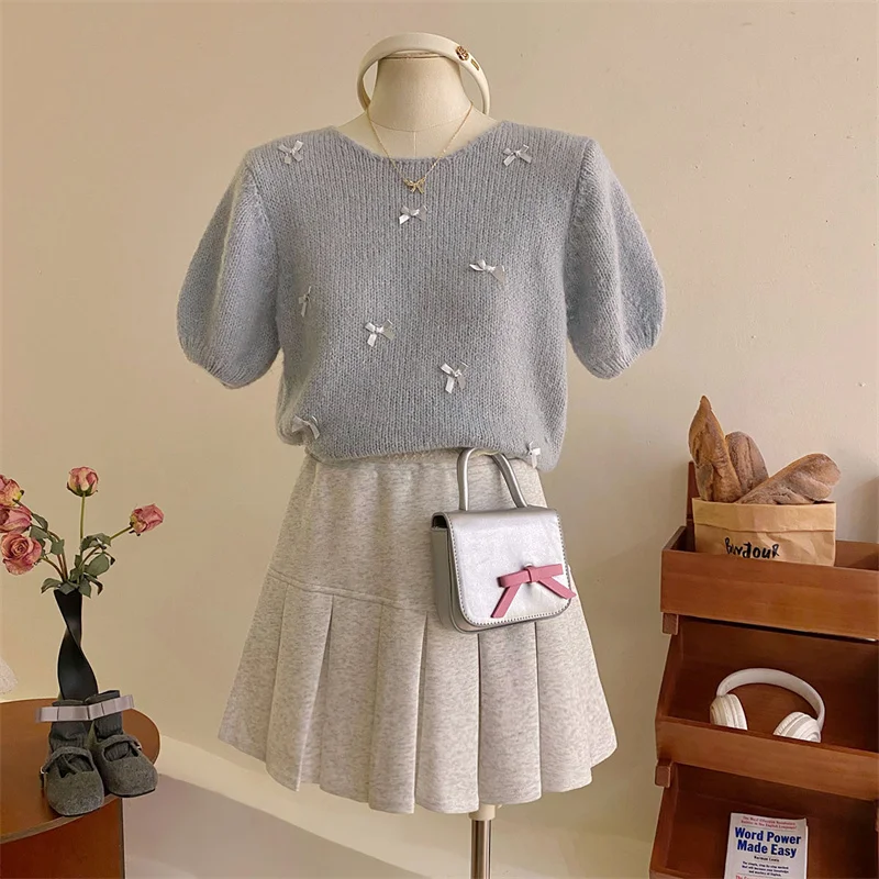 Gentle Little Bow Short Sleeve Sweater 2024 New Early Autumn Girl Round Neck Soft Knit Sweater Sweet Cute Women's Pullover Trend