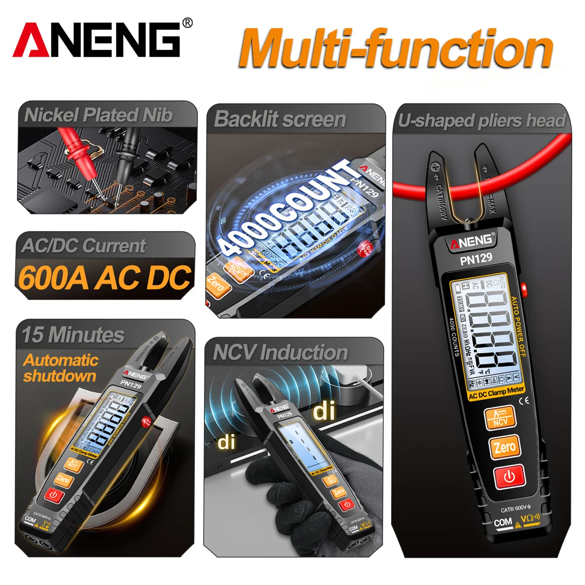 ANENG PN129 Professional U-Shaped Clamp Multimeter High Precision NCV Voltage Detection Tool with 4000 Counts for Repair Work