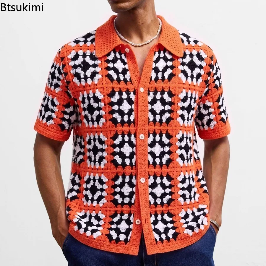 New Retro Ethnic Style Men's Knitwear Cardigans Tops Urban Fashion Hollow Out Crochet Shirts High Quality Jacquarded Polo Shirts