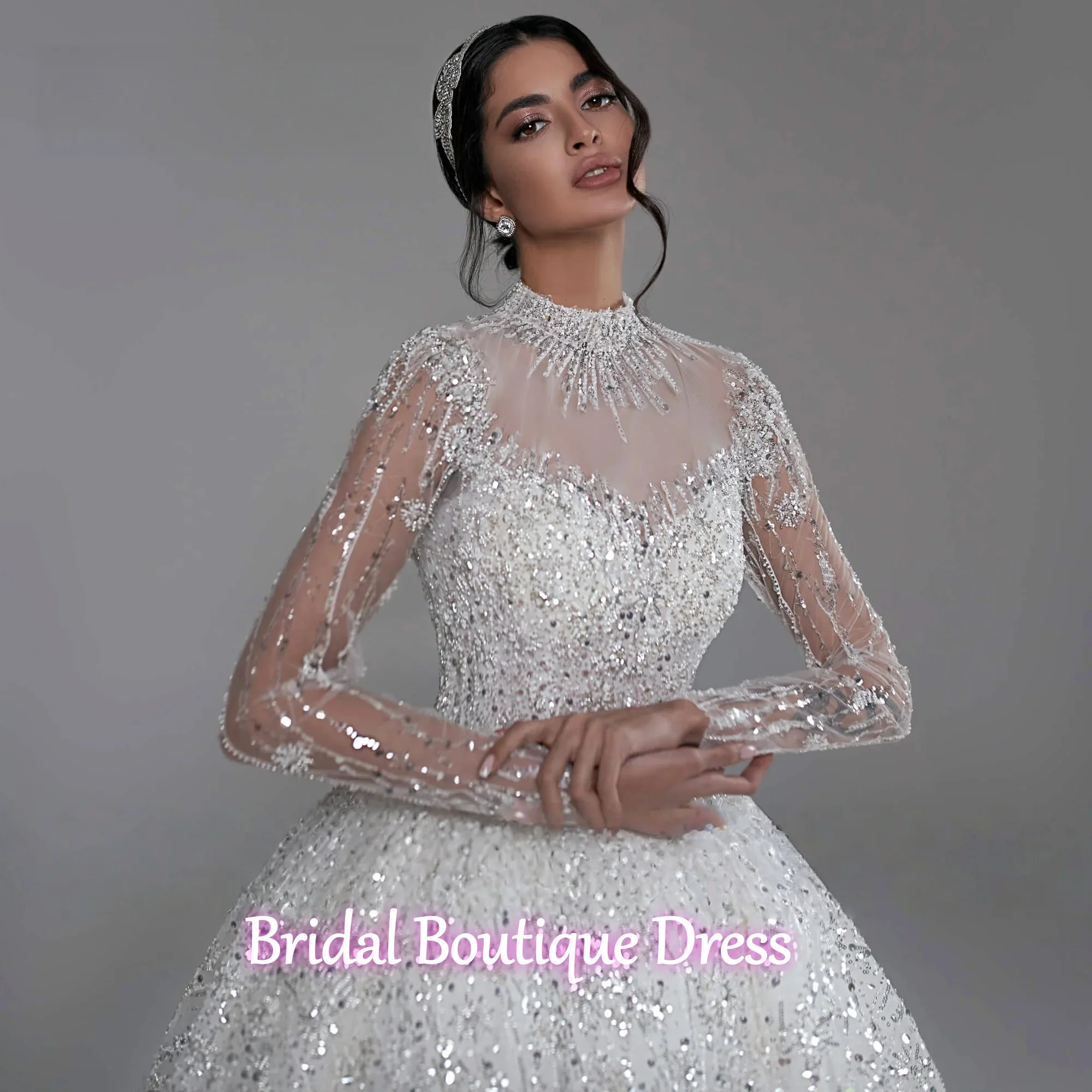 Customized Exquisite  Ball Gown Luxury Wedding Dresses High Neck Long Sleeve Bride Dress Lace Sequined Shiny Robe De Mariee