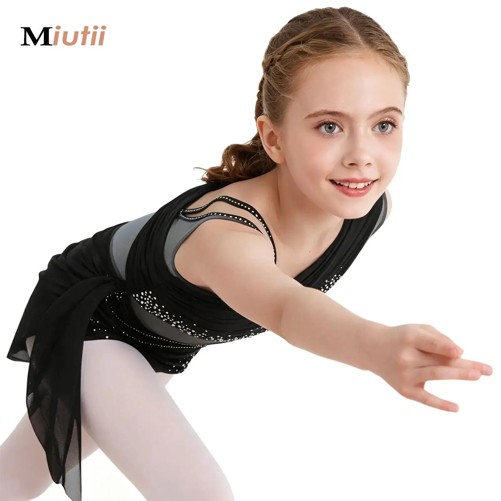 

Girls Acrobatics Gymnastics Figure Skating Ballet Lyrical Dance Performance Costume Sparkly Rhinestones Ruched Leotards Dress