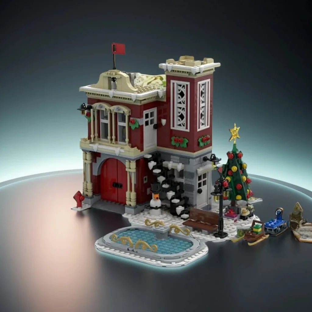 

1181PCS MOC Street View Corner Winter Village Fire Station Model Building Block Architecture DIY Assembly Display Decor Gift Set