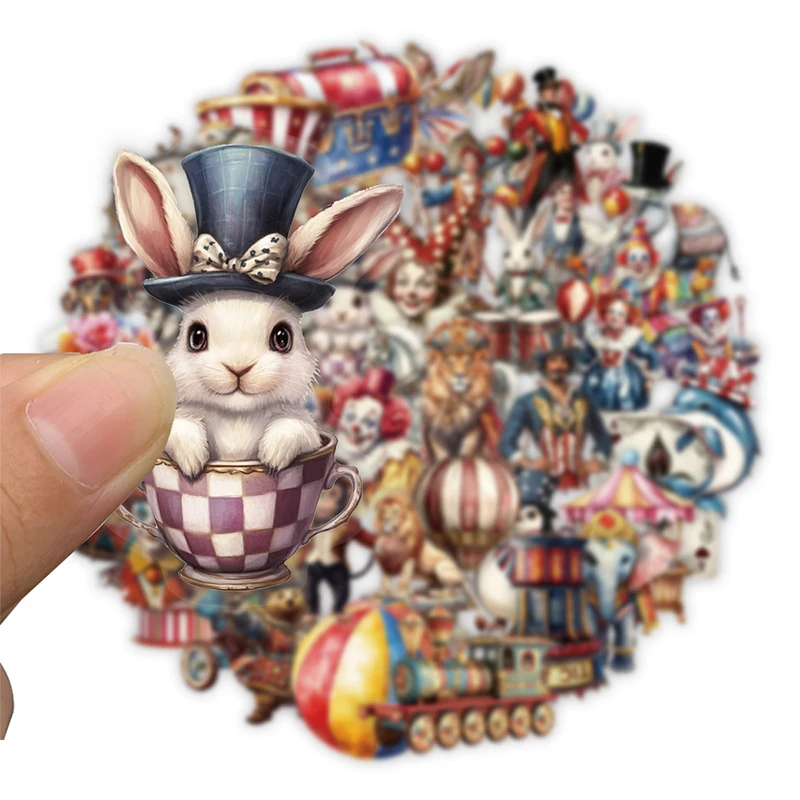 50 قطعة ملصقات السيرك خمر مهرج شفاف ، الحيوان ، خيمة ، الرجعية كرنفال السيرك ملصق مائي مقاوم للماء PET للحرف المجلية