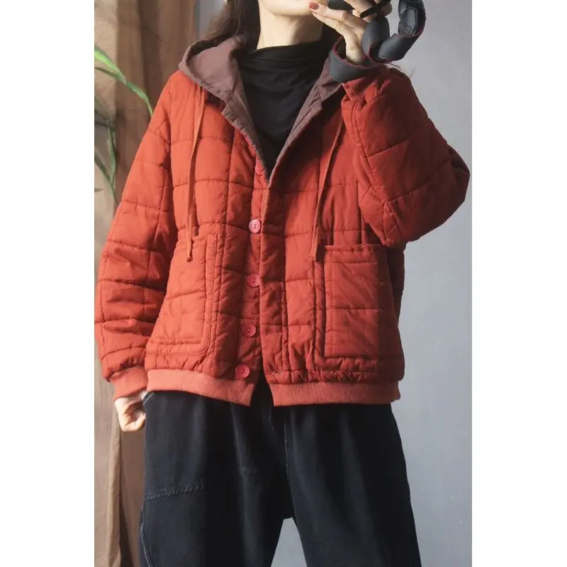 Retro Contrasting Color Hooded Commuting Plaid Small Cotton Jacket for Women 2024 Winter New Loose and Thick Cotton Jacket