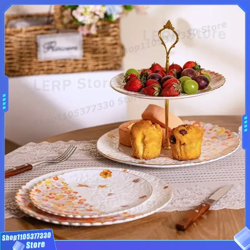 Retro Ceramic Dining Plate Secret Garden Pastoral Plants Design Light Luxury Decorative Dish for Afternoon Tea Dim Sum Phnom