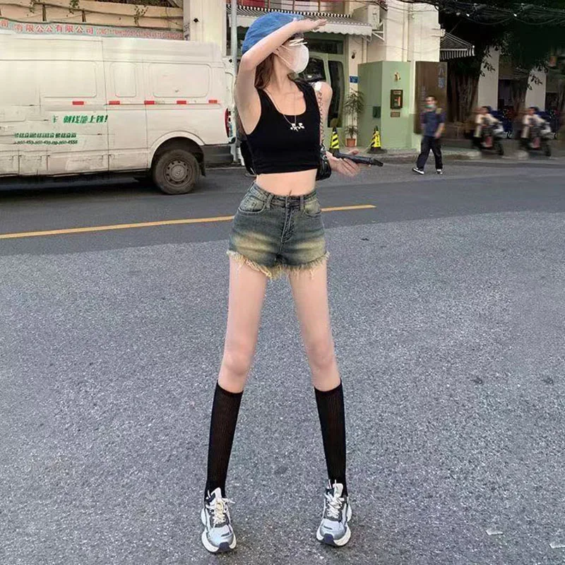 Summer Denim Shorts Women's Summer Retro Old Hip High Waist Tight Hot Pants Women's Fashion Shorts Raw Edge