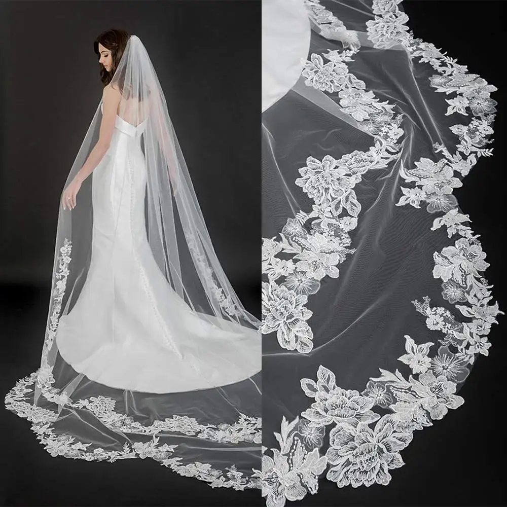 

Simple Customized Wedding Veils Lace Appliques Edge One Layer Chapel Length Bride Veils With Comb Marriage Accessories