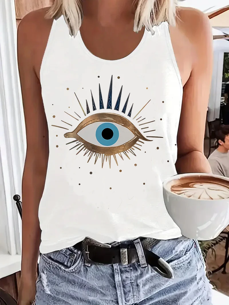 Retro Eye Print vintage Printed Vest Graphic Tank Top Women’s Sleeveless Crew Neck Casual Top Summer Spring