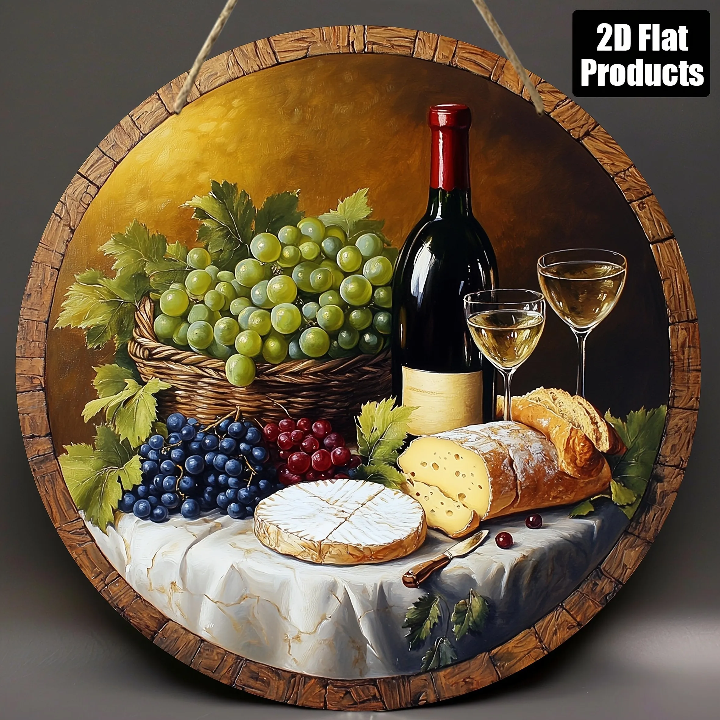 Letrero Decorativo de Madera Redondo Plano 2D de 1 Pieza para Pared - Tema de Vino con Diseño de Racimo de Uvas, Botella de Vino y Queso - Madera Reciclada