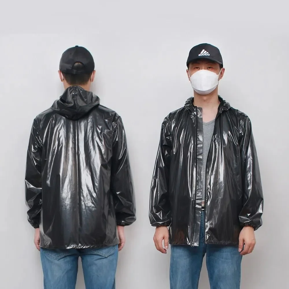 Man Boy's Chic แขนยาว Hooded Jacket Coat กันน้ํากันฝน Hooded เสื้อกันฝนกราฟิกพิมพ์ประตูสั้นวันหยุด