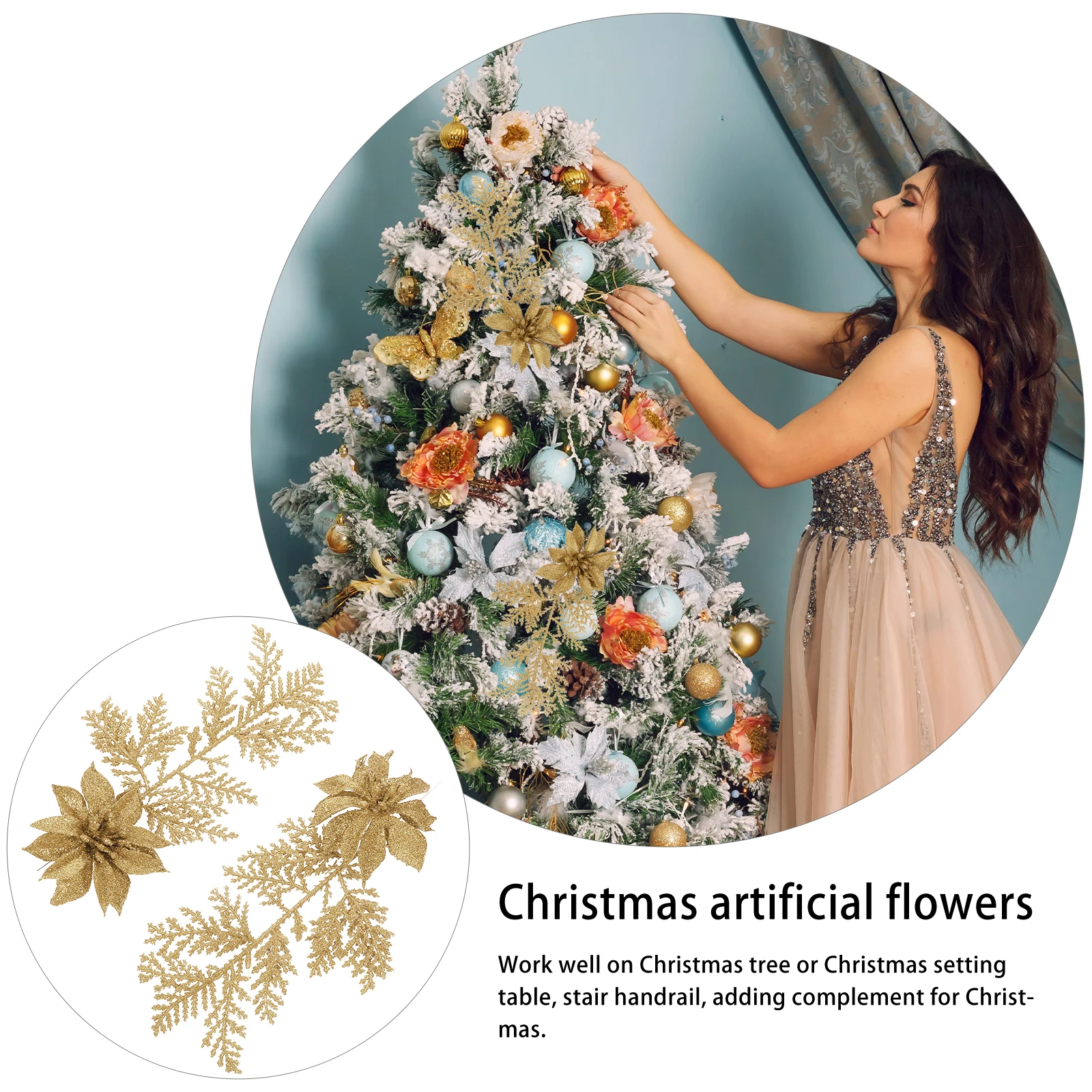 

6 Pcs Decorations Christmas Flower Pendant Pine Stems Top Hat Picks Golden Artificial Glitter Twigs