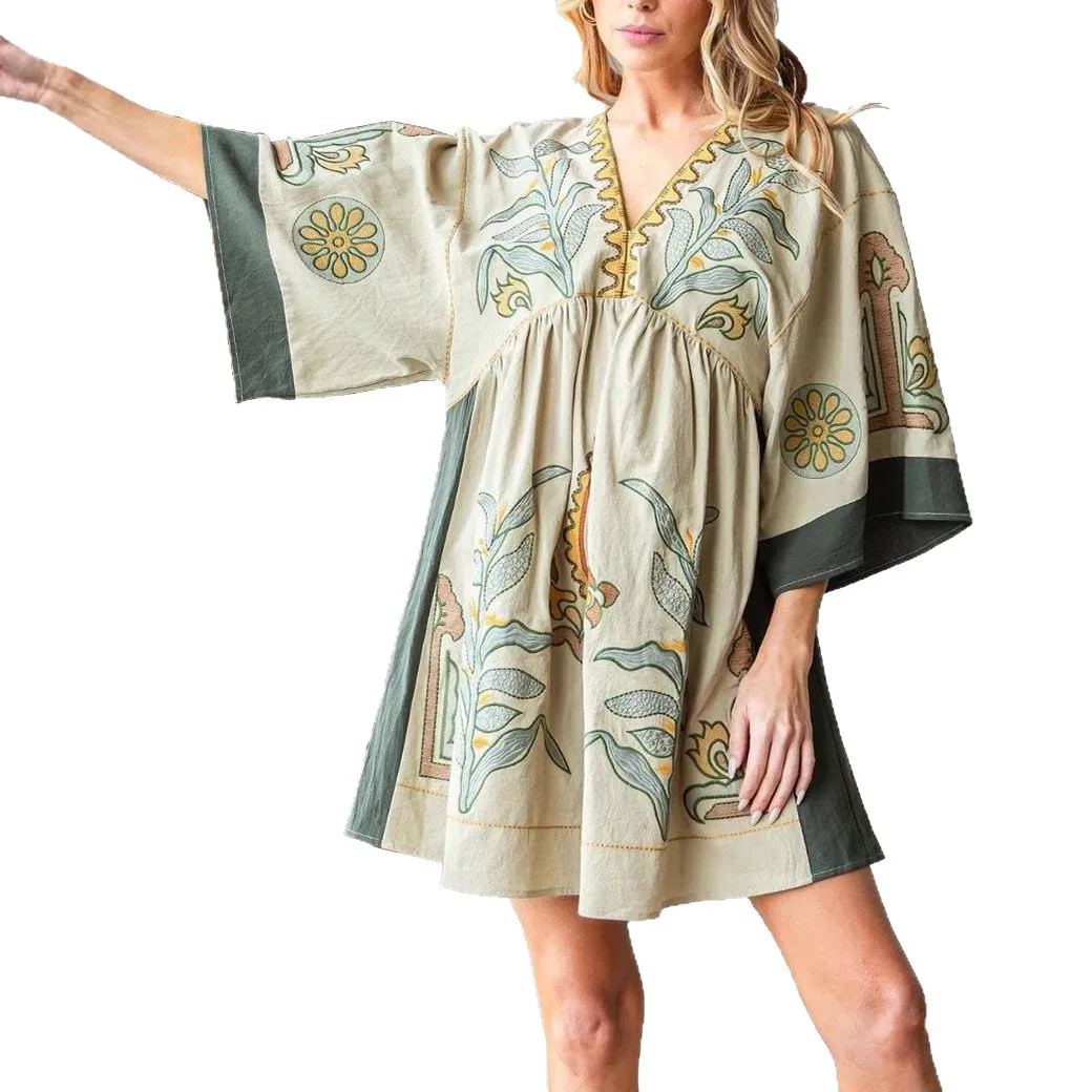 Minivestidos bohemios de algodón y lino con bordado Floral para mujer, Vestidos con mangas acampanadas, vestido informal de talla grande para mujer, bata de verano