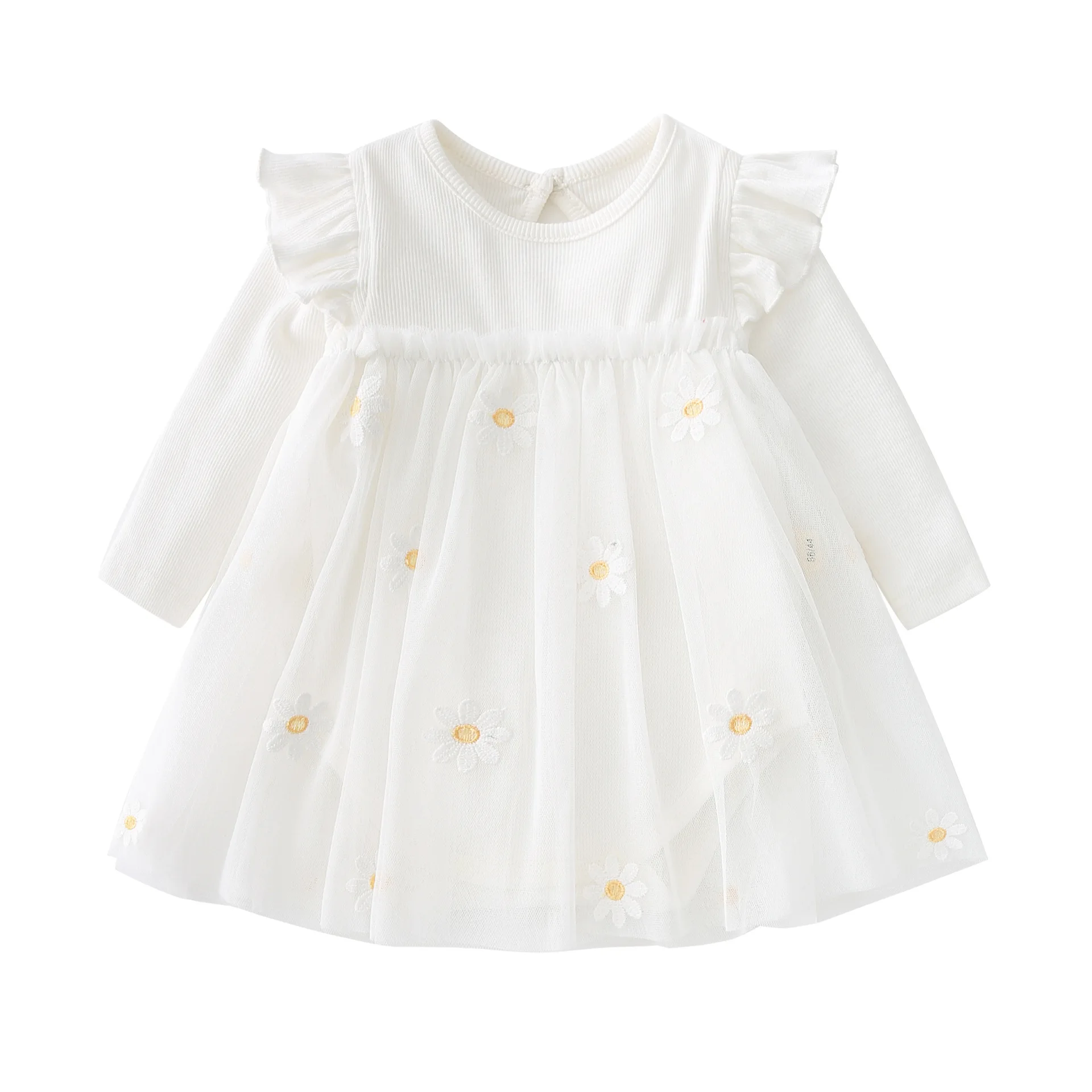 2024 Spring Summer Korean Baby Girls Dress Cotton Mesh Spliced Ruffle Newborn Girls Dress Solid Daisy Wrapped Infant Girls Dress