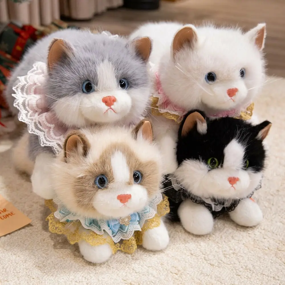 Soft Simulation Cat Voiced With Bib Realistic Cat Fluffy Cute Cartoon Simulated Kitten Model Birthday Gifts
