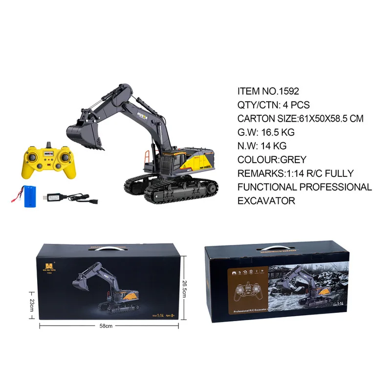 Huina 1592/1593/1594 Remote Controlled Excavator 28ch Electric Alloy Engineering Vehicle1：14 Hook Soil Machine Toy Car Model Toy